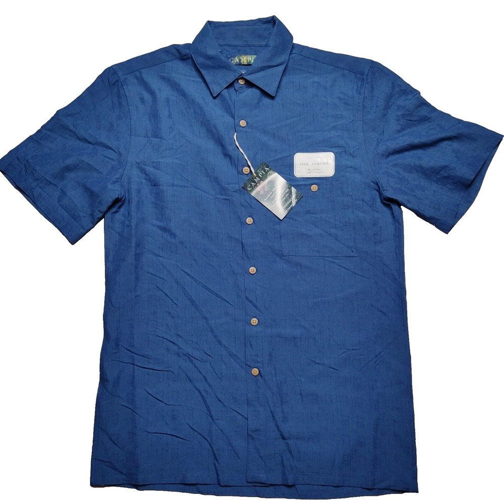 Campia Men Small Blue Textured Cool Comfort Soft Touch Rayon Hawaiian Shirt NEW‎
